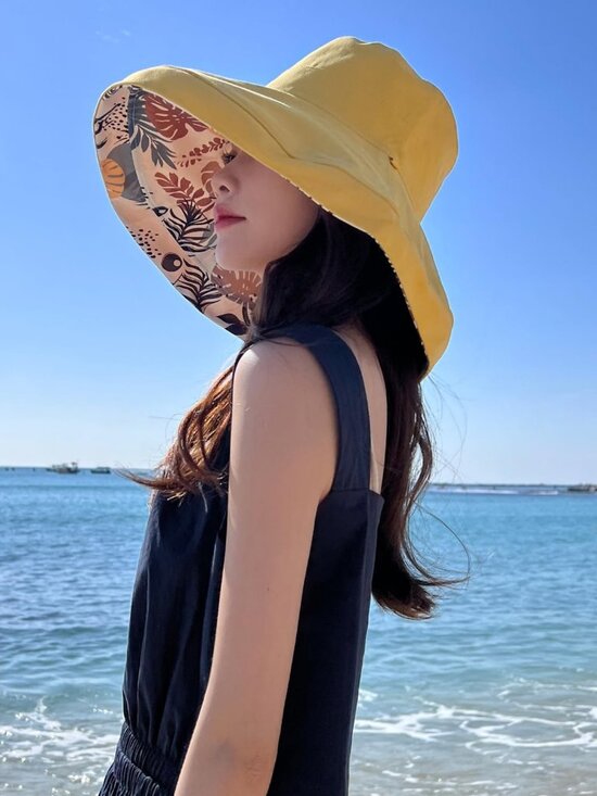 Women Wide Brim Summer Sun Hat Wired Edge Beach Bucket Fishing Hats Yellow